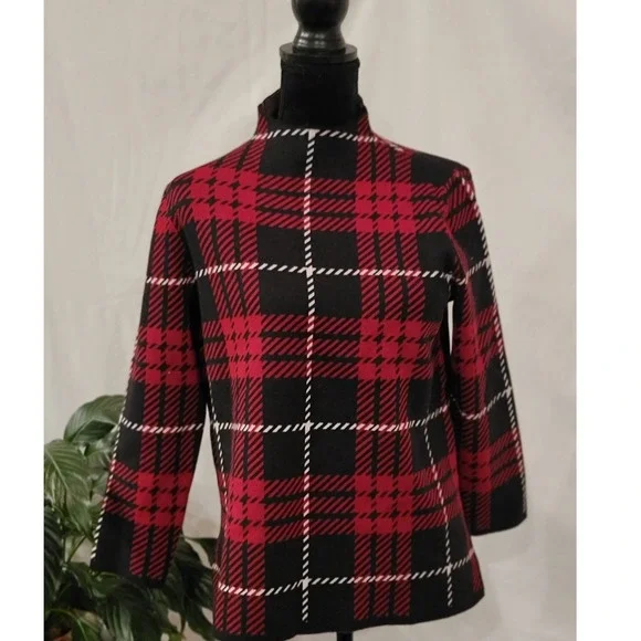 Anne Klein Womens Red Black Plaid Mock Neck 3/4 Sleeve Knit Sweater Size S - Picture 1 of 5